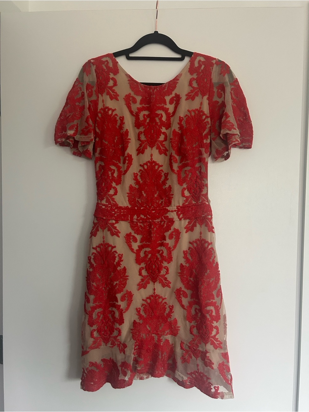 For Love And Lemons Red Lace Appliqué Nude Mini Dress